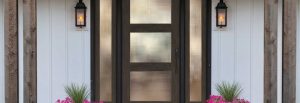 Rustic three panel front door with textured glass for privacy